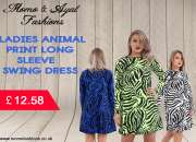 LADIES WHITE/BLACK ZEBRA ANIMAL PRINT LONG SLEEVE SWING DRESS UK
